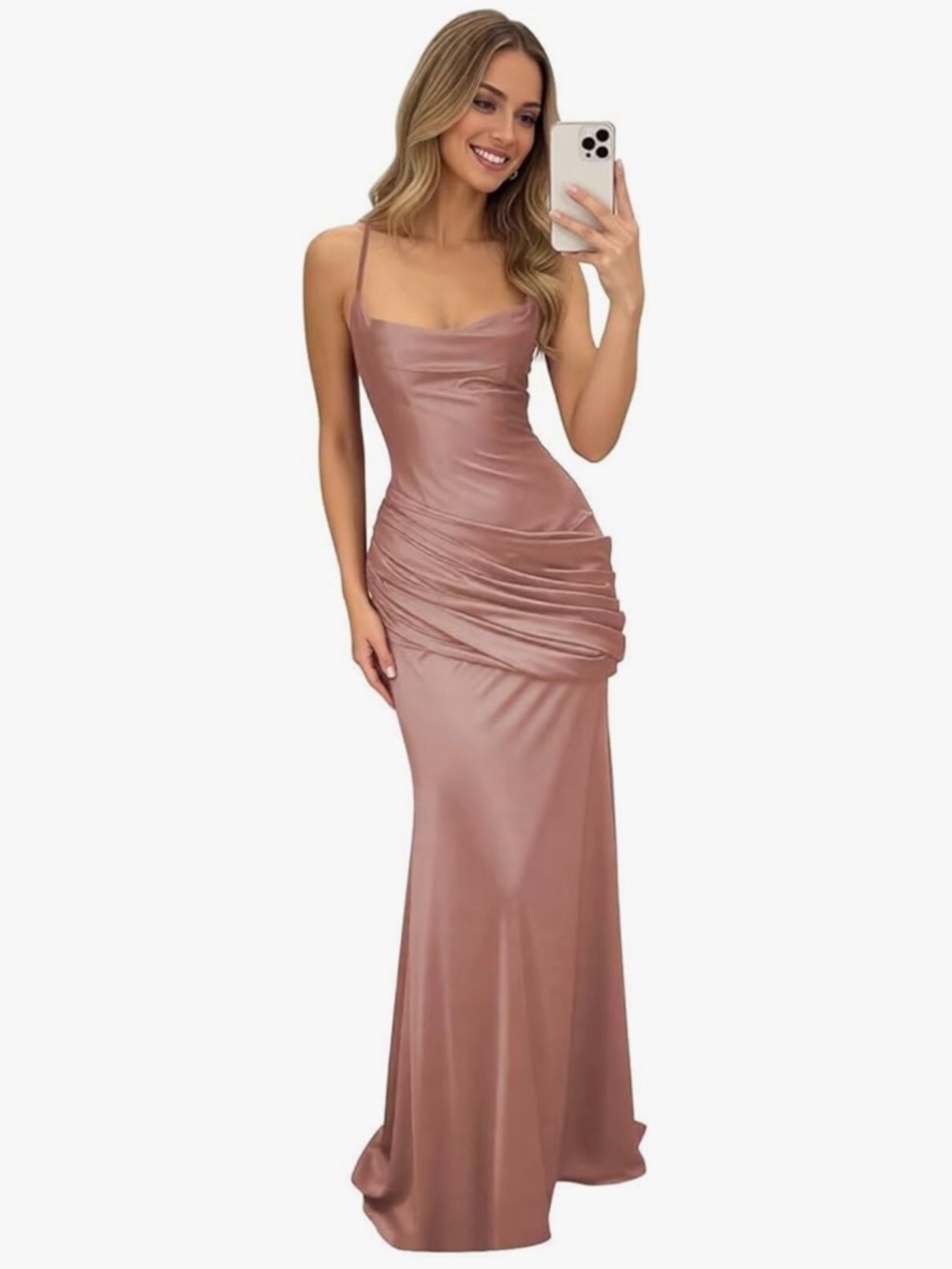 Satin Spaghetti-Strap Prom Gown in Dusty Rose